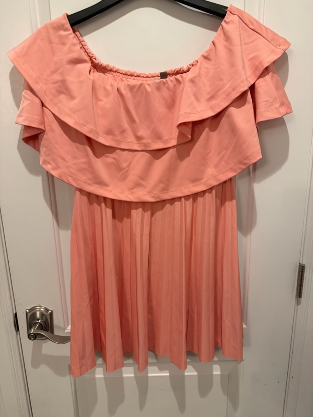 ASOS Coral Pink Off the Shoulder Ruffle Pleated Mini Dress - Picture 2 of 3